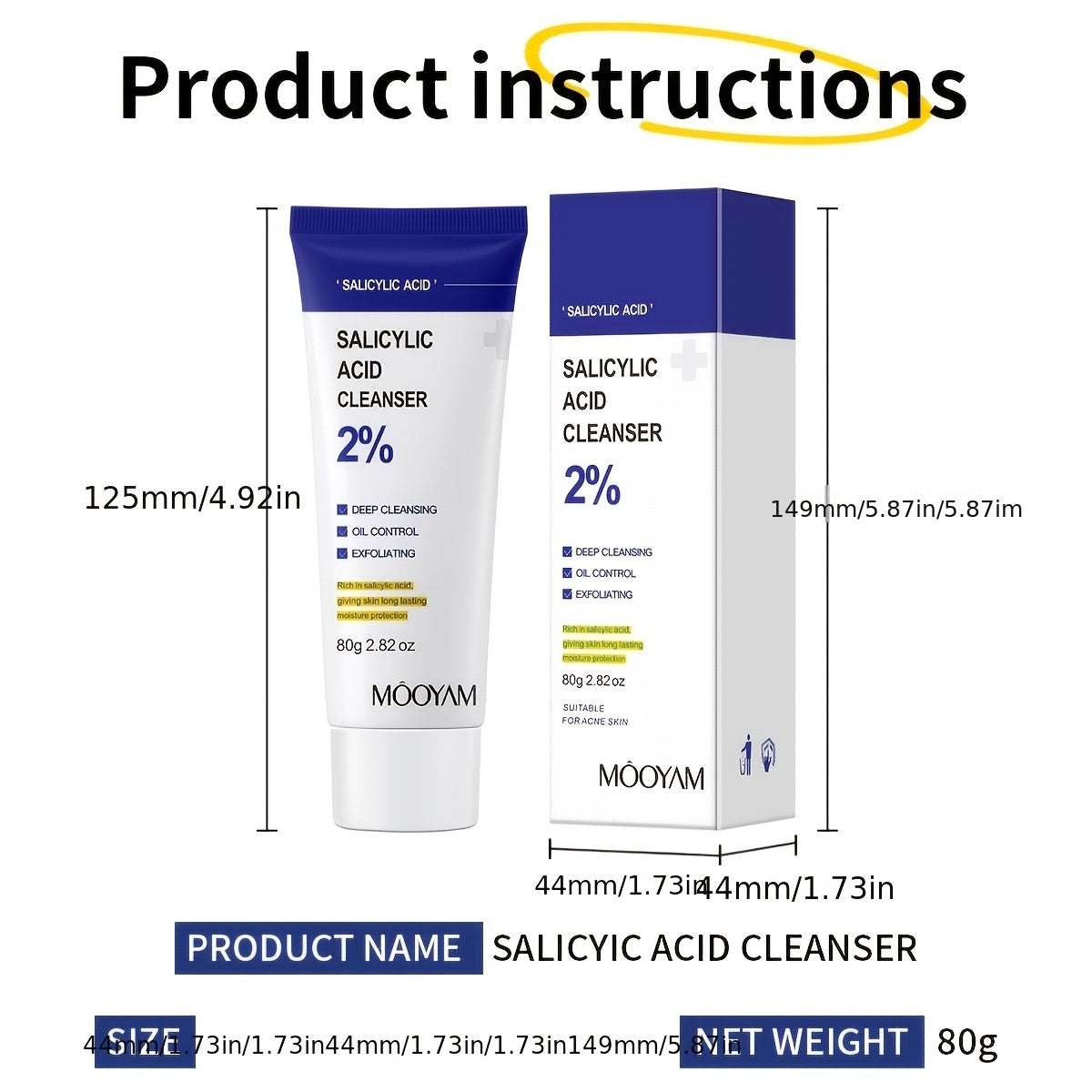 MOOYAM 2% Salicylic Acid Cleanser, Oil-control Exfoliating Face Wash, Deeply Cleanses Impurities In Pores And On The Nose, Gentle And Moisturizing Without Tightness, Daily Facial Cleanser for Men And Women, Essential for Easter Travel