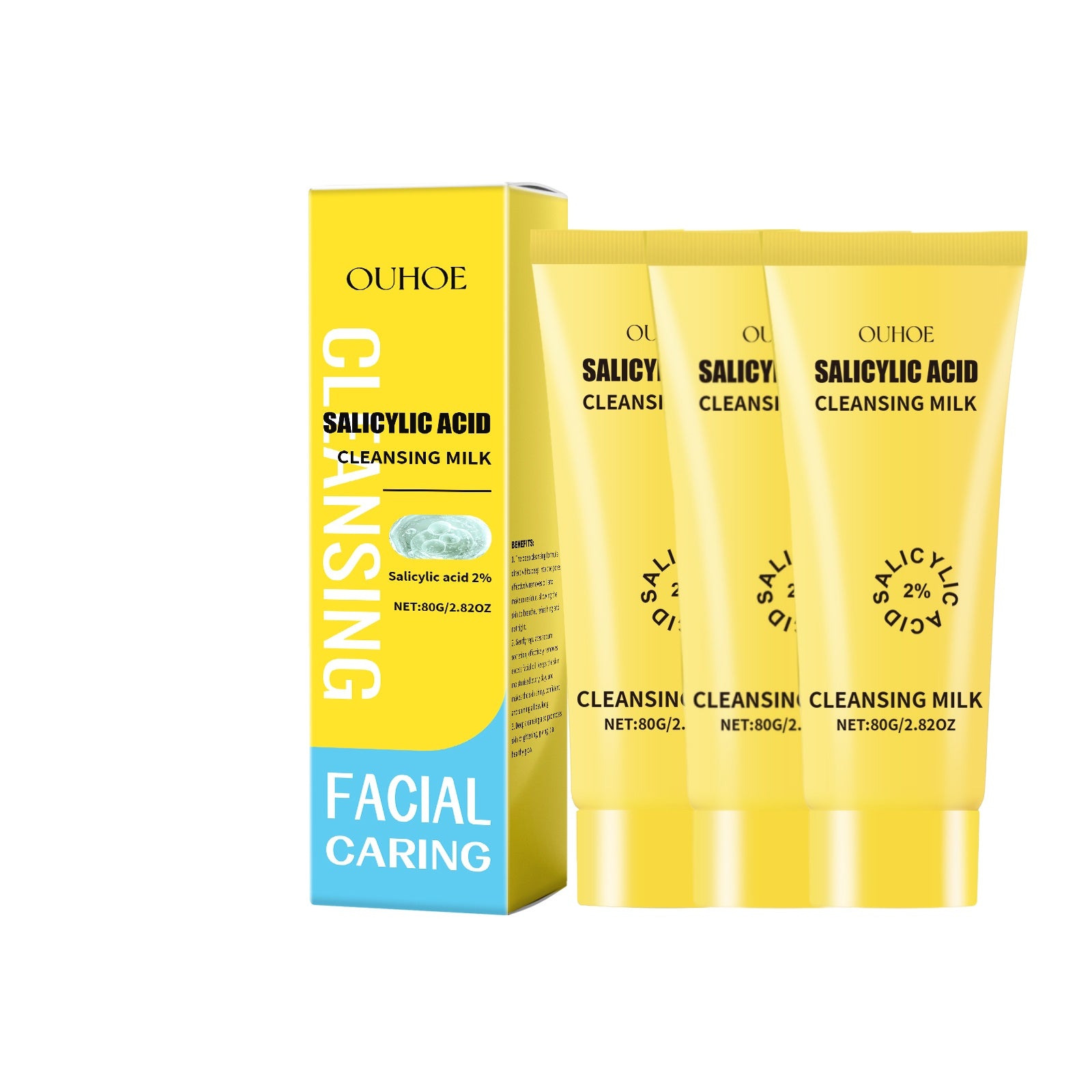 OUHOE 3pcs Salicylic Acid Facial Cleanser Hydrating Moisturizing Salicylic Acid Facial Cleanser- Gentle Cleansing, Oil Control. Rich Foam, Refreshing Without Feeling Tight. Skin Care.